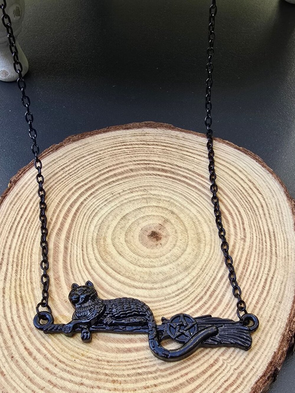 Cat on Broom ✦ Witch Familiar Pendant ✦ Gothic Alt Celestial Necklace NWT